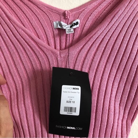 ❤️5/$25 SALE NWT Fashion Nova Kallan Knit Sweater Top Pink Ribbed V-Neck Shirt - Picture 4 of 7